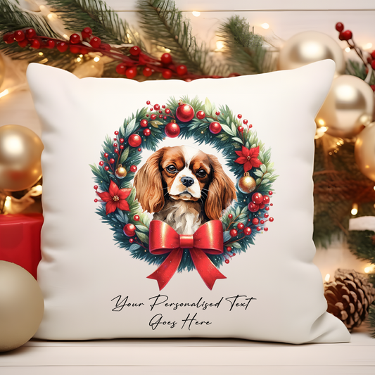 Personalised King Charles Spaniel in a Christmas wreath - Keepsake Gift cushion, by Floppsie Moppsie – floppsiemoppsie at floppsiemoppsie.co.uk