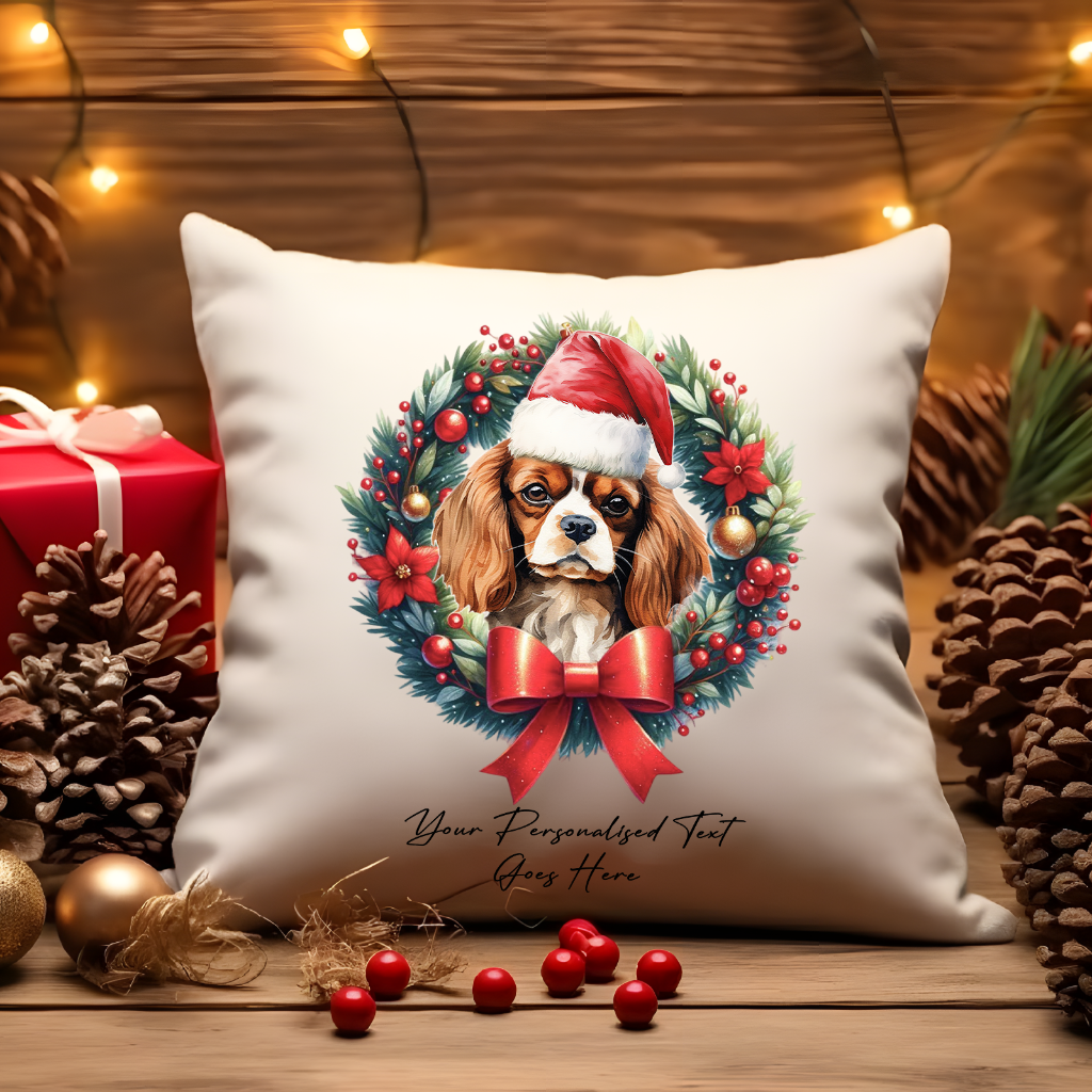 Personalised King Charles Spaniel with Santa Hat in a Christmas wreath - Keepsake Gift cushion, by Floppsie Moppsie – floppsiemoppsie at floppsiemoppsie.co.uk