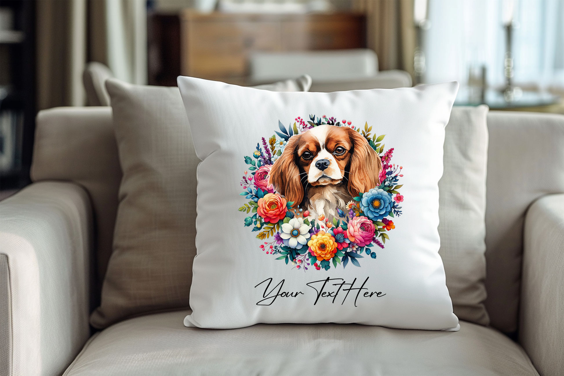 Personalised Floral Summer Pet Dog Wreath with King Charles Spaniel - Keepsake Gift Cushion, by Floppsie Moppsie – floppsiemoppsie at floppsiemoppsie.co.uk