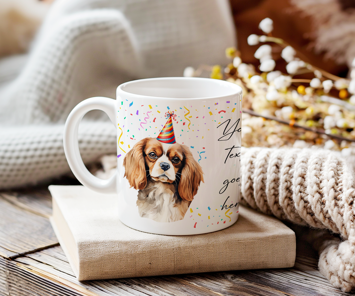 Personalised Dog Gift Mug - Cavalier King Charles Spaniel with Birthday Congratulations Party Hat