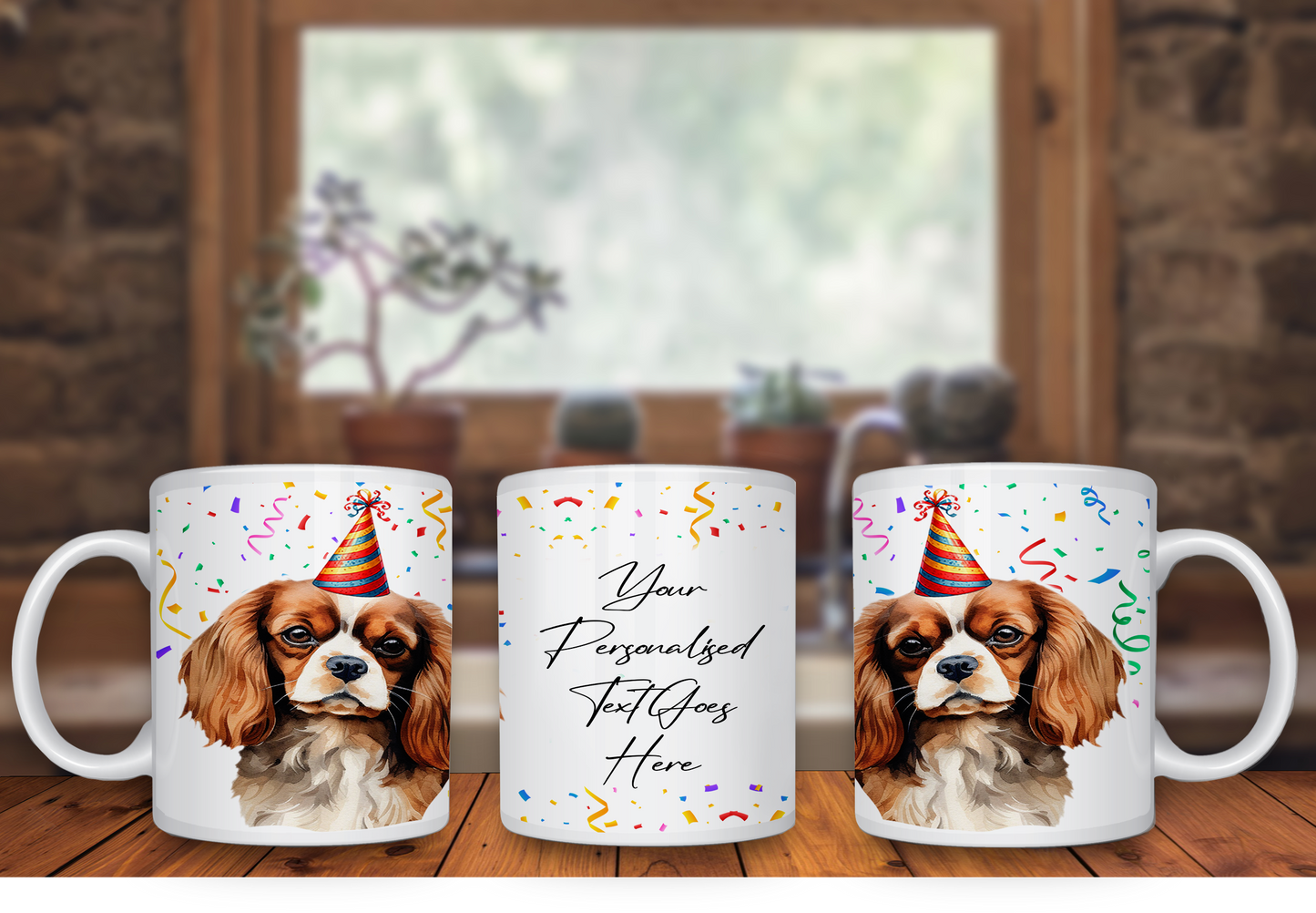 Personalised Dog Gift Mug - Cavalier King Charles Spaniel with Birthday Congratulations Party Hat