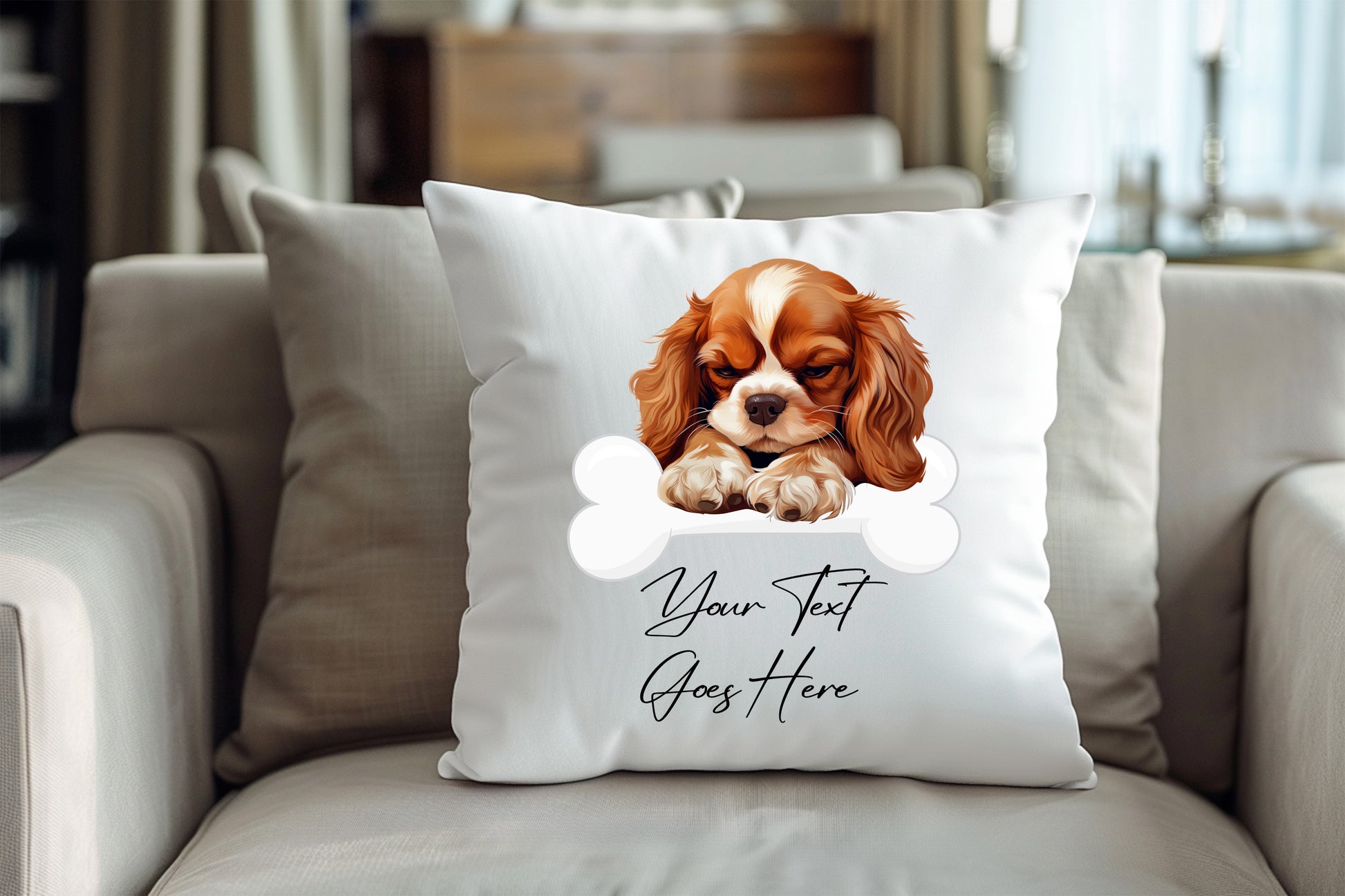 Personalised Cavalier King Charles Spaniel sleeping on a bone Pet Dog Keepsake Gift Cushion, by Floppsie Moppsie – floppsiemoppsie at floppsiemoppsie.co.uk