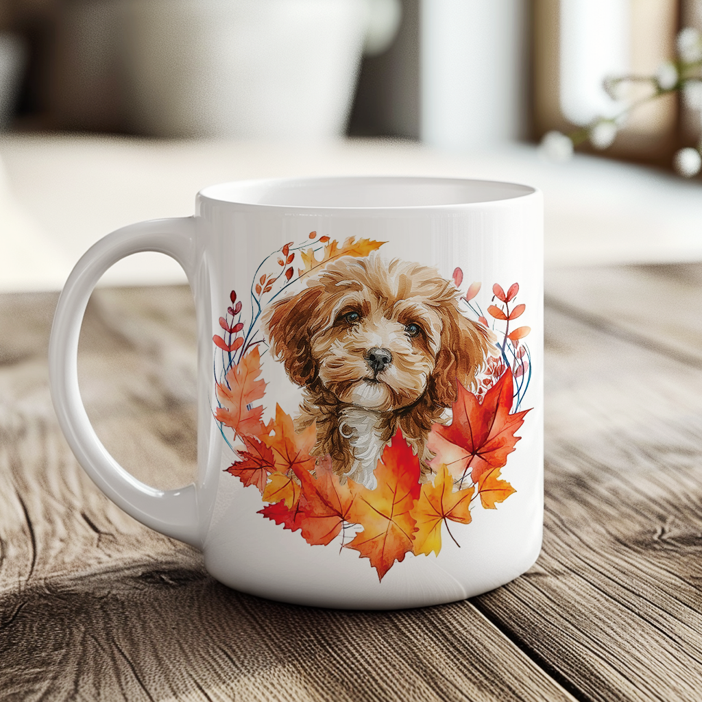 Personalised Cavapoo in an Autumn wreath - Keepsake Mug, ideal gift for Birthday and Christmas Gift, by Floppsie Moppsie – floppsiemoppsie at floppsiemoppsie.co.uk