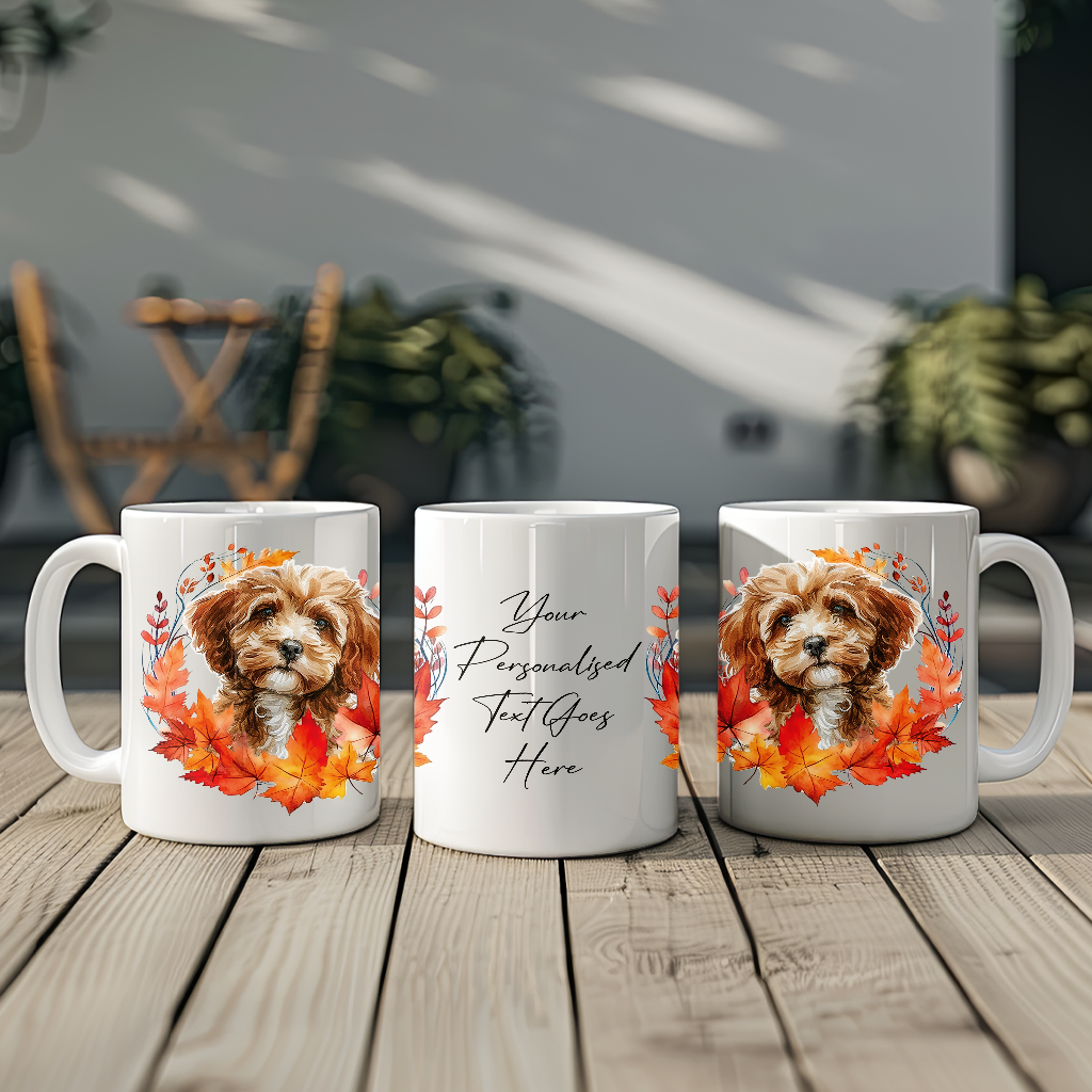 Personalised Cavapoo in an Autumn wreath - Keepsake Mug, ideal gift for Birthday and Christmas Gift, by Floppsie Moppsie – floppsiemoppsie at floppsiemoppsie.co.uk