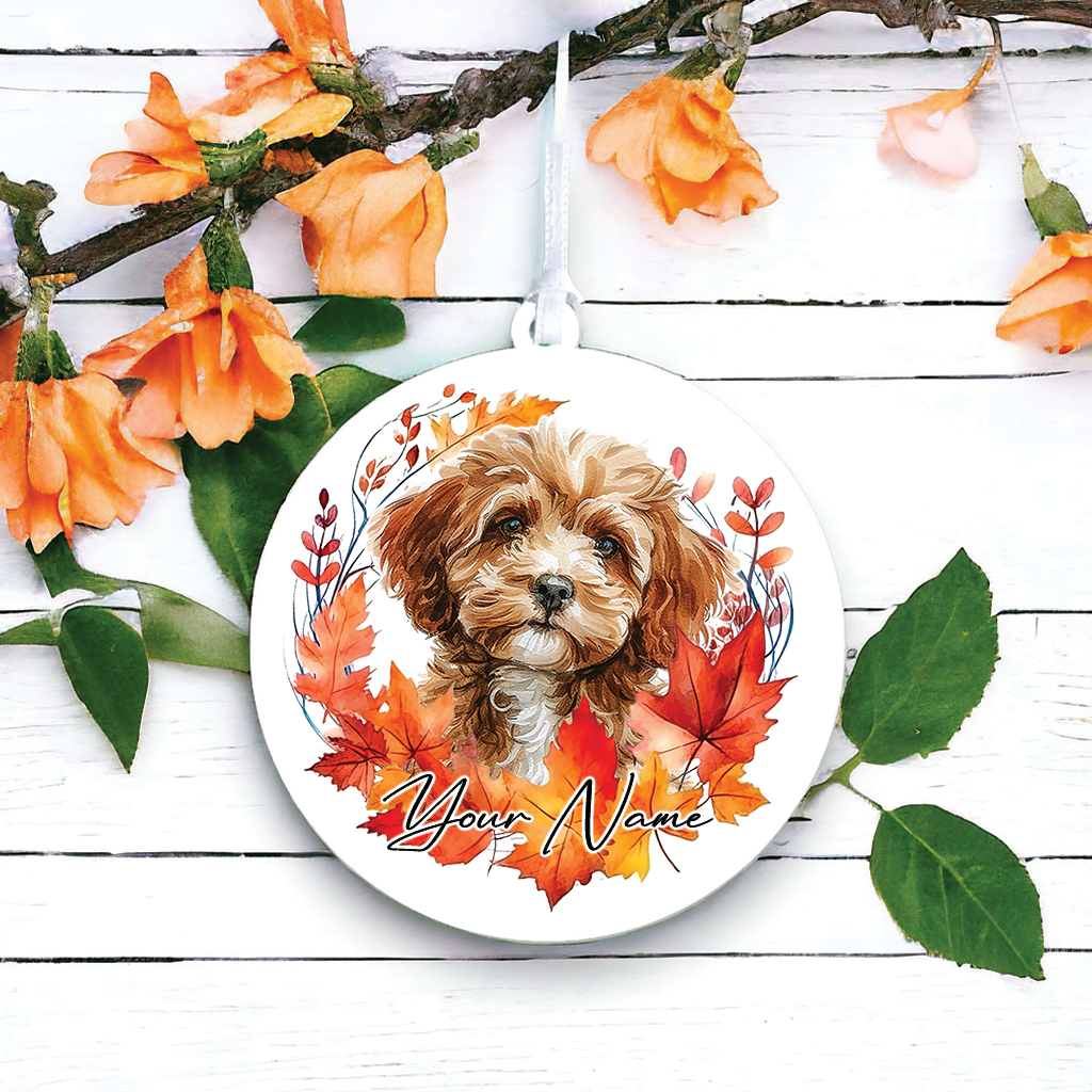 Personalised Dog Cavapoo in an autumn wreath - Keepsake Gift Hanging Decoration, by Floppsie Moppsie – floppsiemoppsie at floppsiemoppsie.co.uk