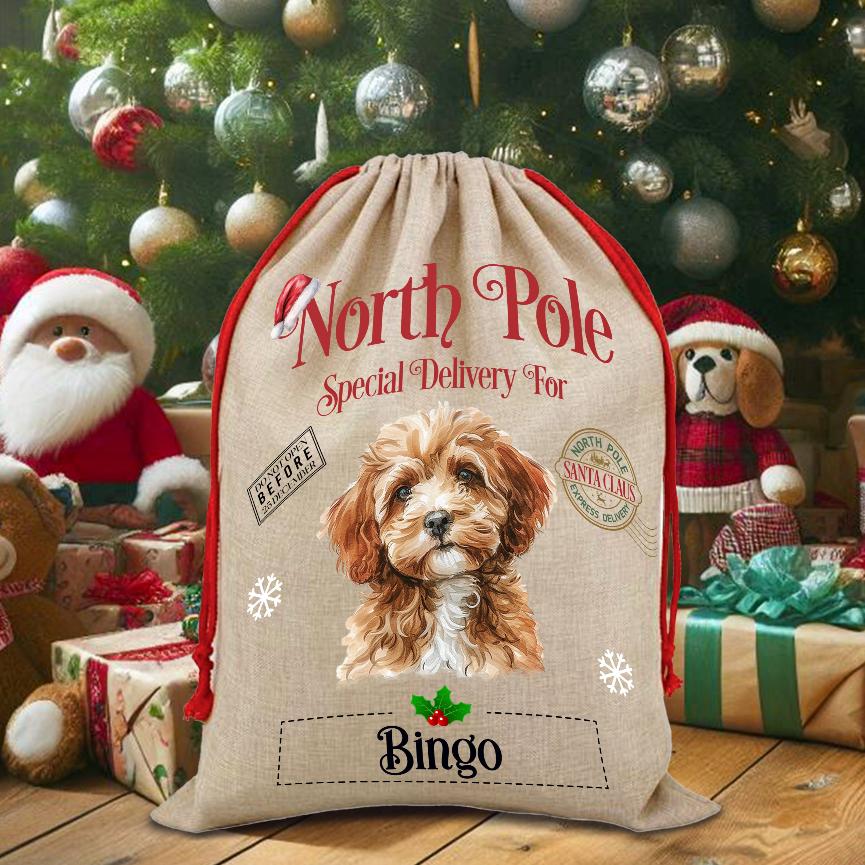 Personalised Dog Cavapoo – North Pole Special Delivery Santa Sack Pet Gift, by Floppsie Moppsie – floppsiemoppsie at floppsiemoppsie.co.uk