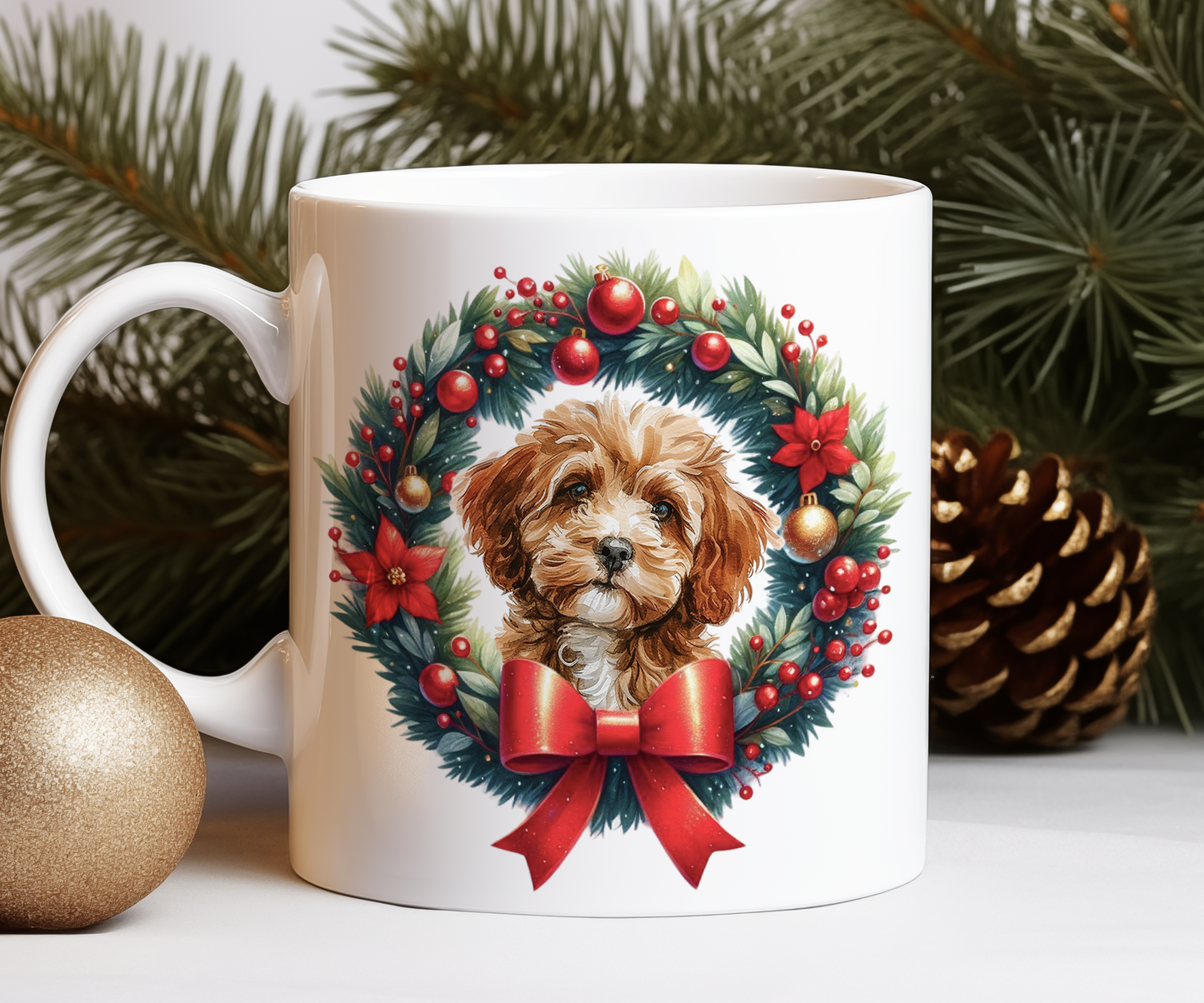 Personalised Cavapoo Dog Christmas Wreath Gift Mug