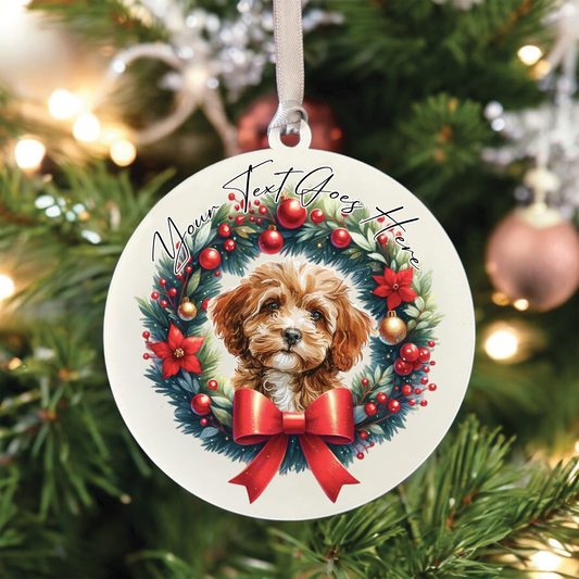 Personalised Cavapoo Dog Christmas Wreath - Hanging Bauble Decoration