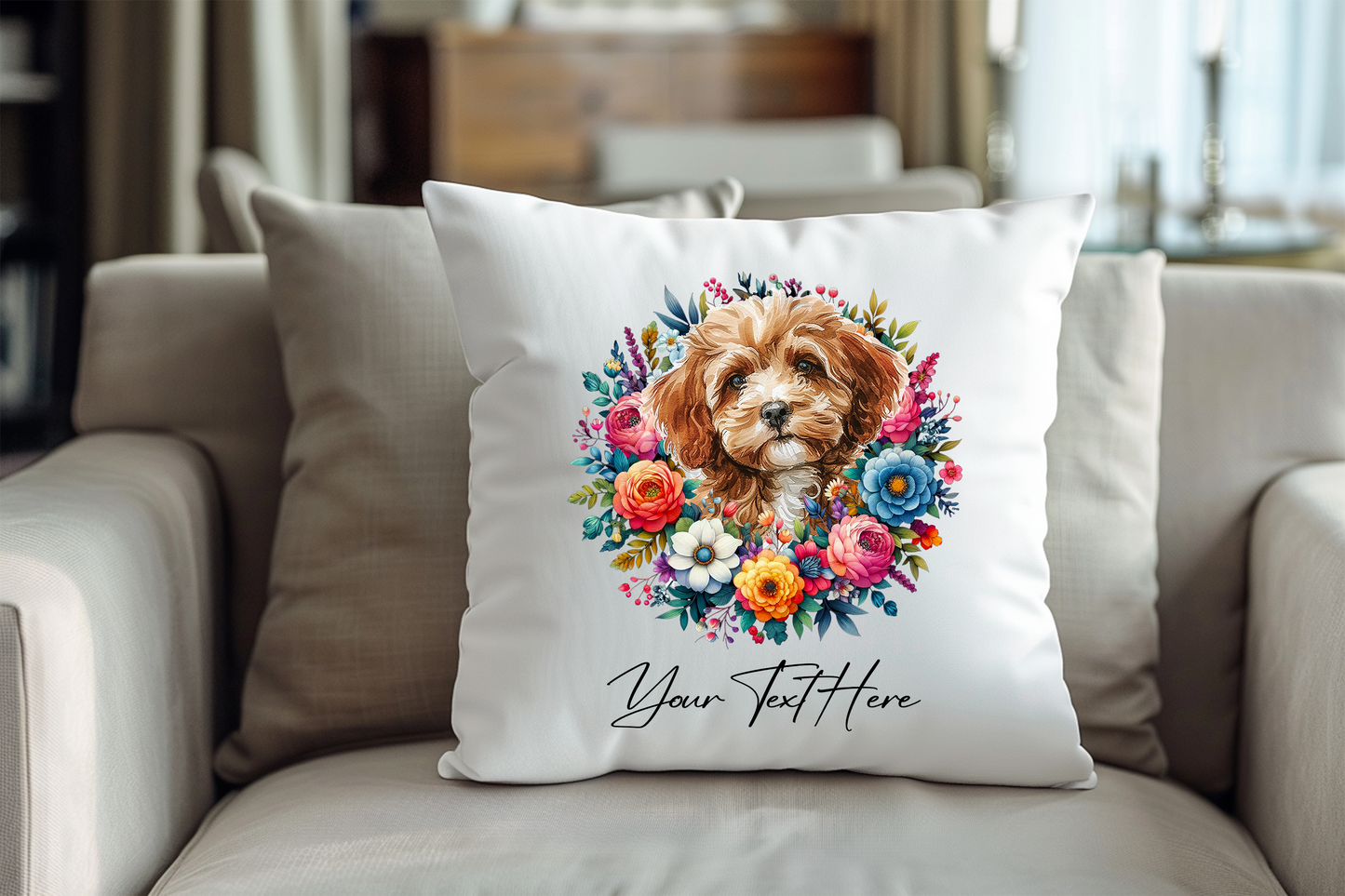 Personalised Floral Summer Pet Dog Wreath with Cavapoo - Keepsake Gift Cushion, by Floppsie Moppsie – floppsiemoppsie at floppsiemoppsie.co.uk