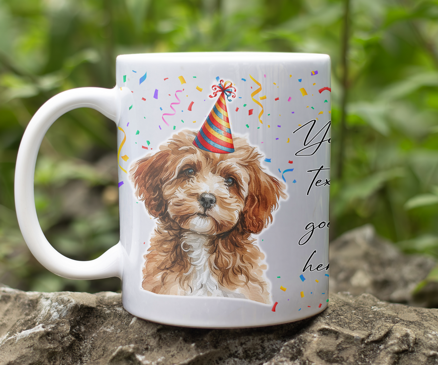 Personalised Dog Gift Mug - Cavapoo with Birthday Congratulations Party Hat