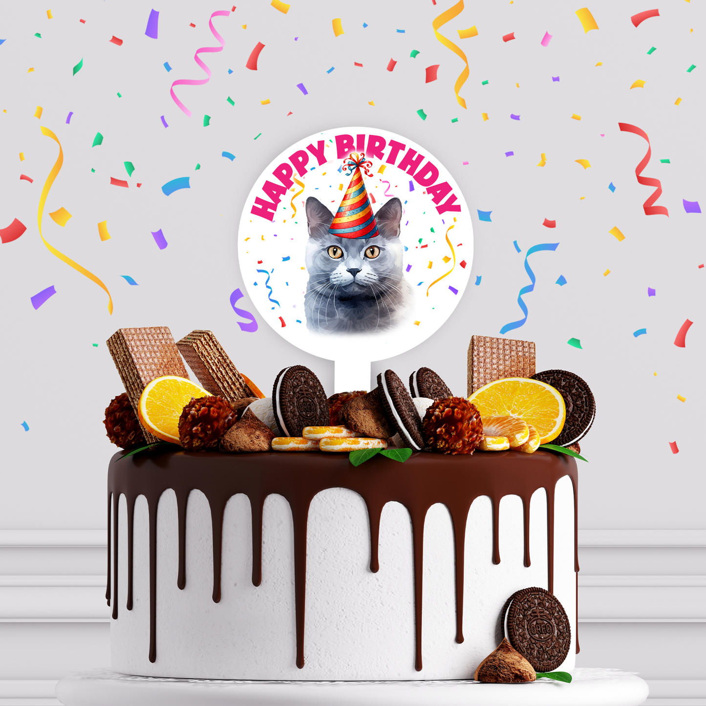 Personalised Cat Party Hat Cake Topper - Chartreux