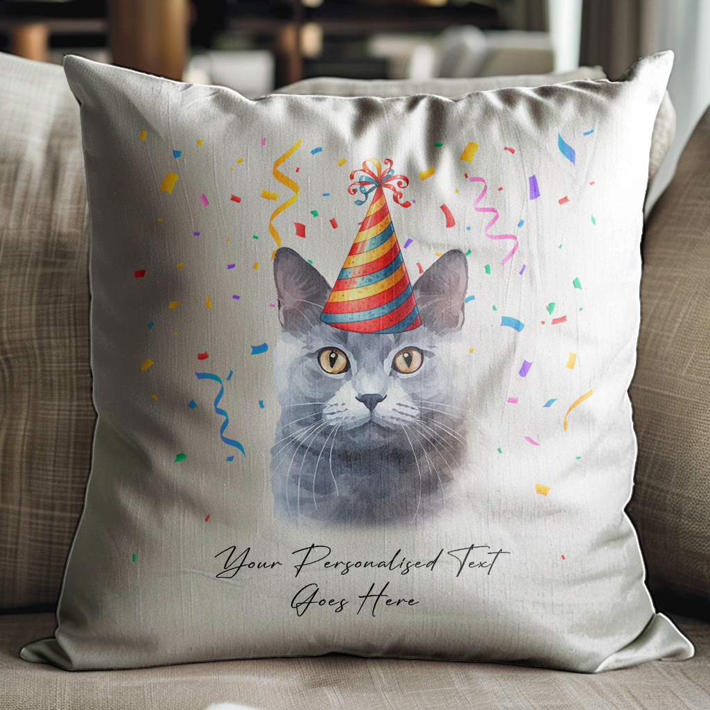 Personalised Chartreux Birthday Party Hat Cat - Cushion Cover Gift