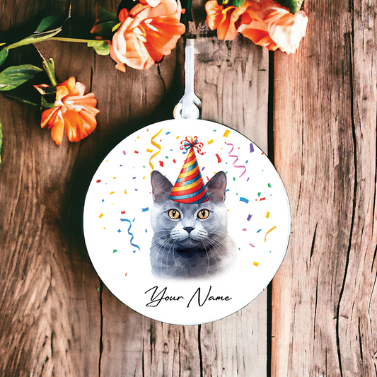 Personalised Chartreux Cat Birthday Party Hat - Hanging Bauble Decoration