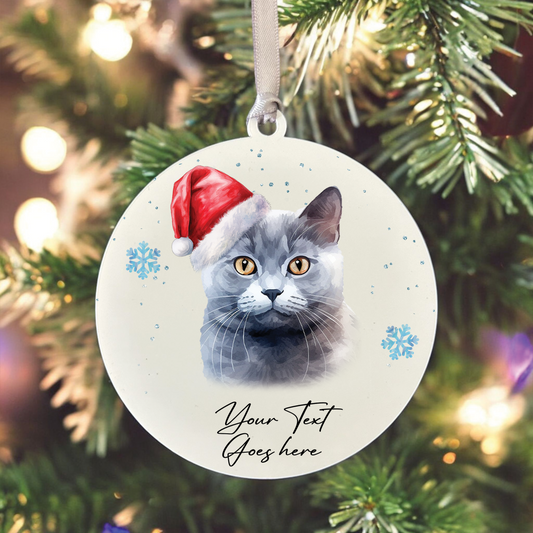 Personalised Christmas Chartreux in Santa Hat - Hanging Cat Bauble Decoration