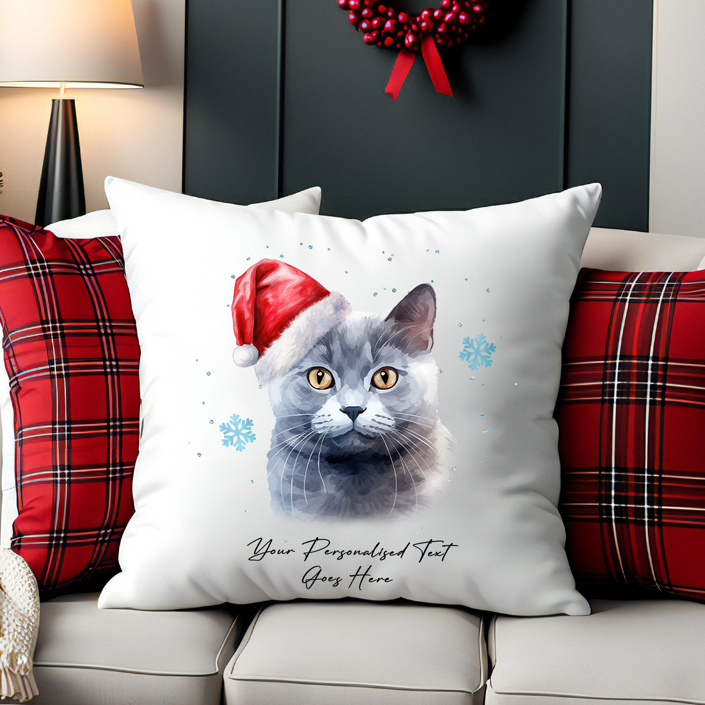 Personalised Cat Christmas Chartreux in Santa Hat - Cushion Cover Gift