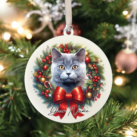 Personalised Chartreux Cat Christmas Wreath - Hanging Bauble Decoration