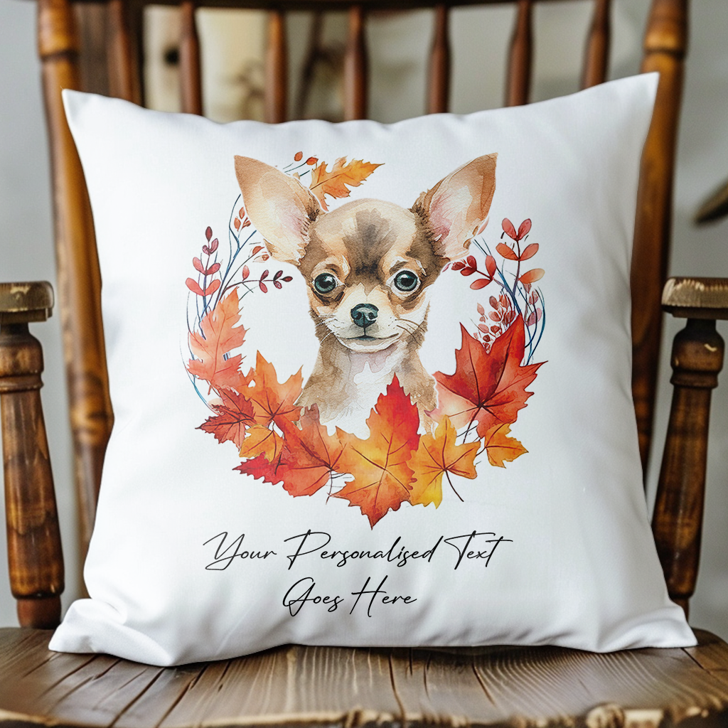 Personalised Chihuahua in an Autumn wreath - Keepsake Gift cushion, by Floppsie Moppsie – floppsiemoppsie at floppsiemoppsie.co.uk