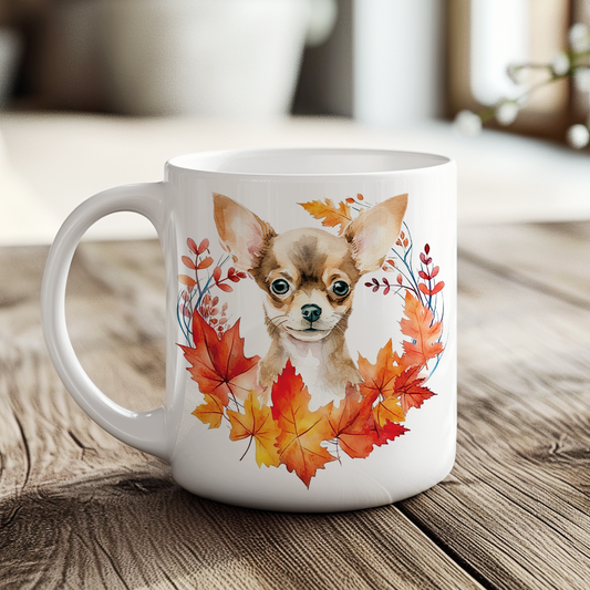 Personalised Chihuahua in an Autumn wreath - Keepsake Mug, ideal gift for Birthday and Christmas Gift, by Floppsie Moppsie – floppsiemoppsie at floppsiemoppsie.co.uk