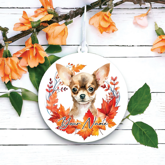 Personalised Dog Chihuahua in an autumn wreath - Keepsake Gift Hanging Decoration, by Floppsie Moppsie – floppsiemoppsie at floppsiemoppsie.co.uk