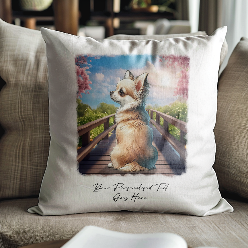 Personalised Chihuahua – Looking out across a Bridge Pet Gift Cushion, by Floppsie Moppsie – floppsiemoppsie at floppsiemoppsie.co.uk