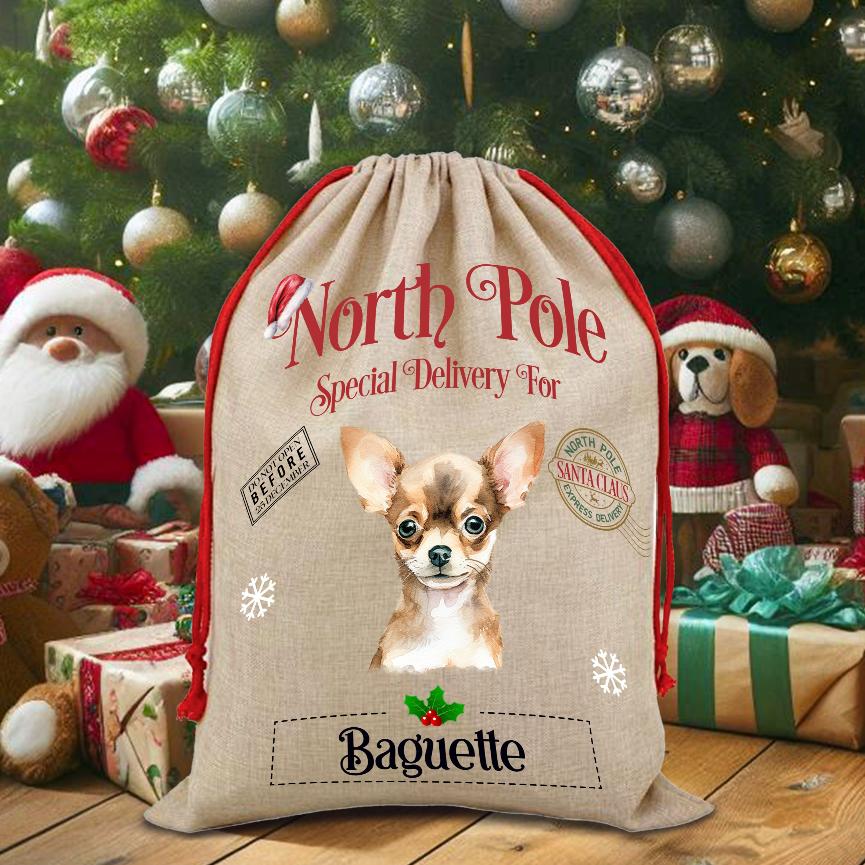 Personalised Dog Chihuahua – North Pole Special Delivery Santa Sack Pet Gift, by Floppsie Moppsie – floppsiemoppsie at floppsiemoppsie.co.uk