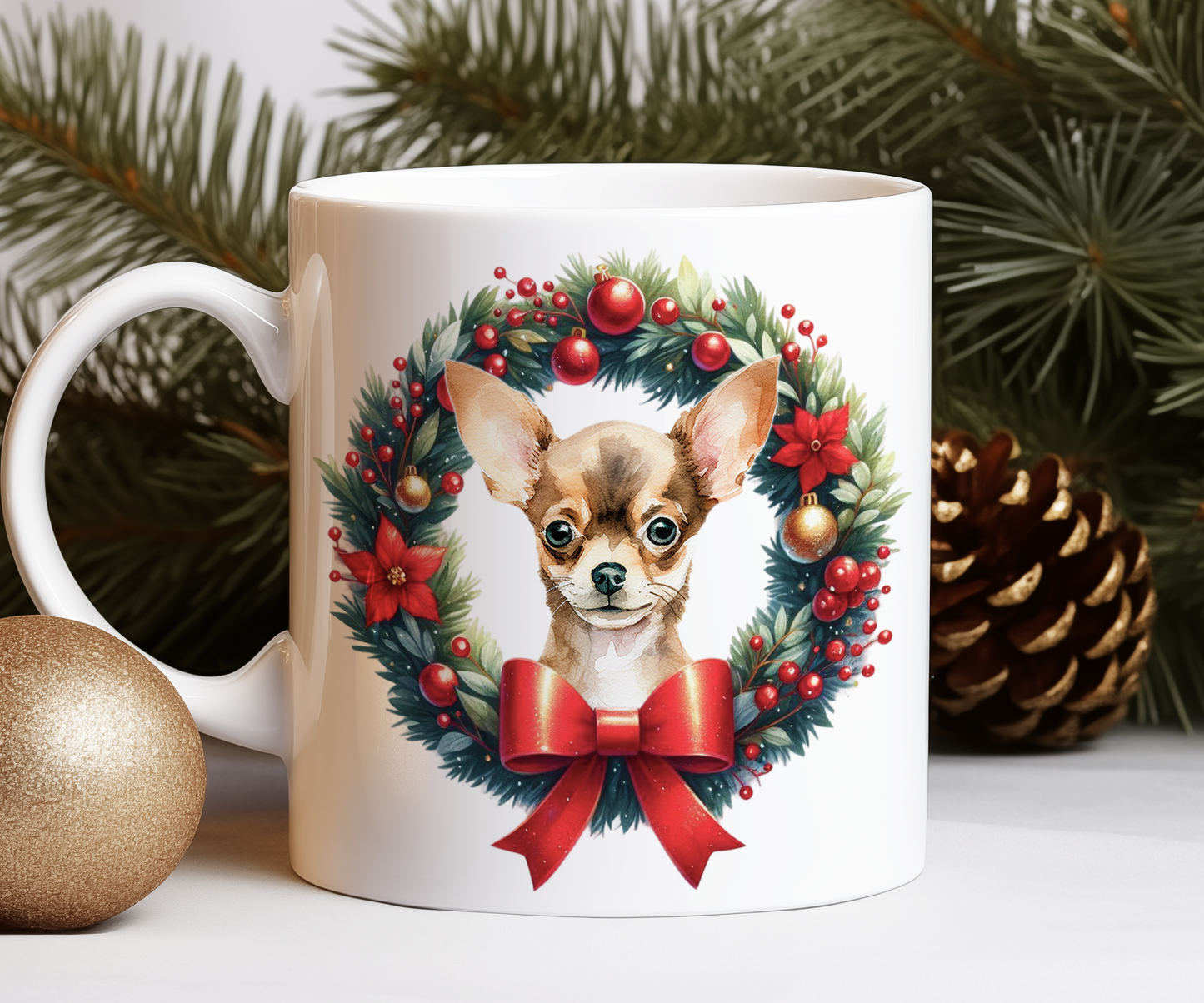 Personalised Chihuahua Dog Christmas Wreath Gift Mug