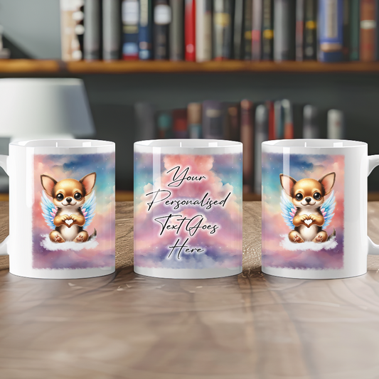 Personalised Dog Memorial Mug of Chihuahua with wings in clouds making a heart sign - Keepsake Gift Mug, by Floppsie Moppsie – floppsiemoppsie at floppsiemoppsie.co.uk