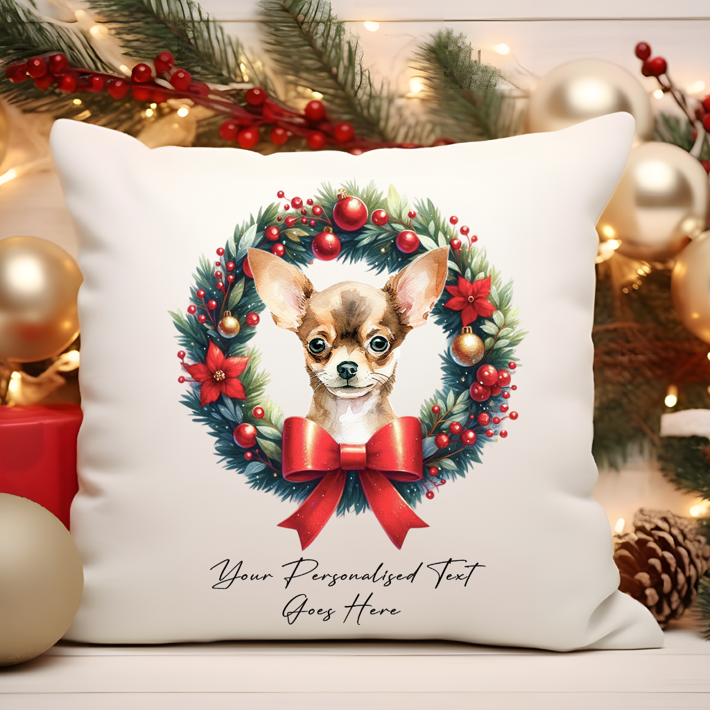 Personalised Chihuahua in a Christmas wreath - Keepsake Gift cushion, by Floppsie Moppsie – floppsiemoppsie at floppsiemoppsie.co.uk