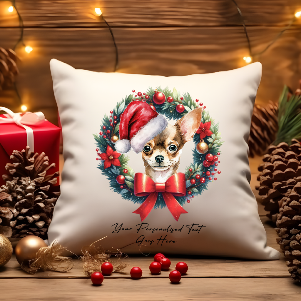 Personalised Chihuahua with Santa Hat in a Christmas wreath - Keepsake Gift cushion, by Floppsie Moppsie – floppsiemoppsie at floppsiemoppsie.co.uk