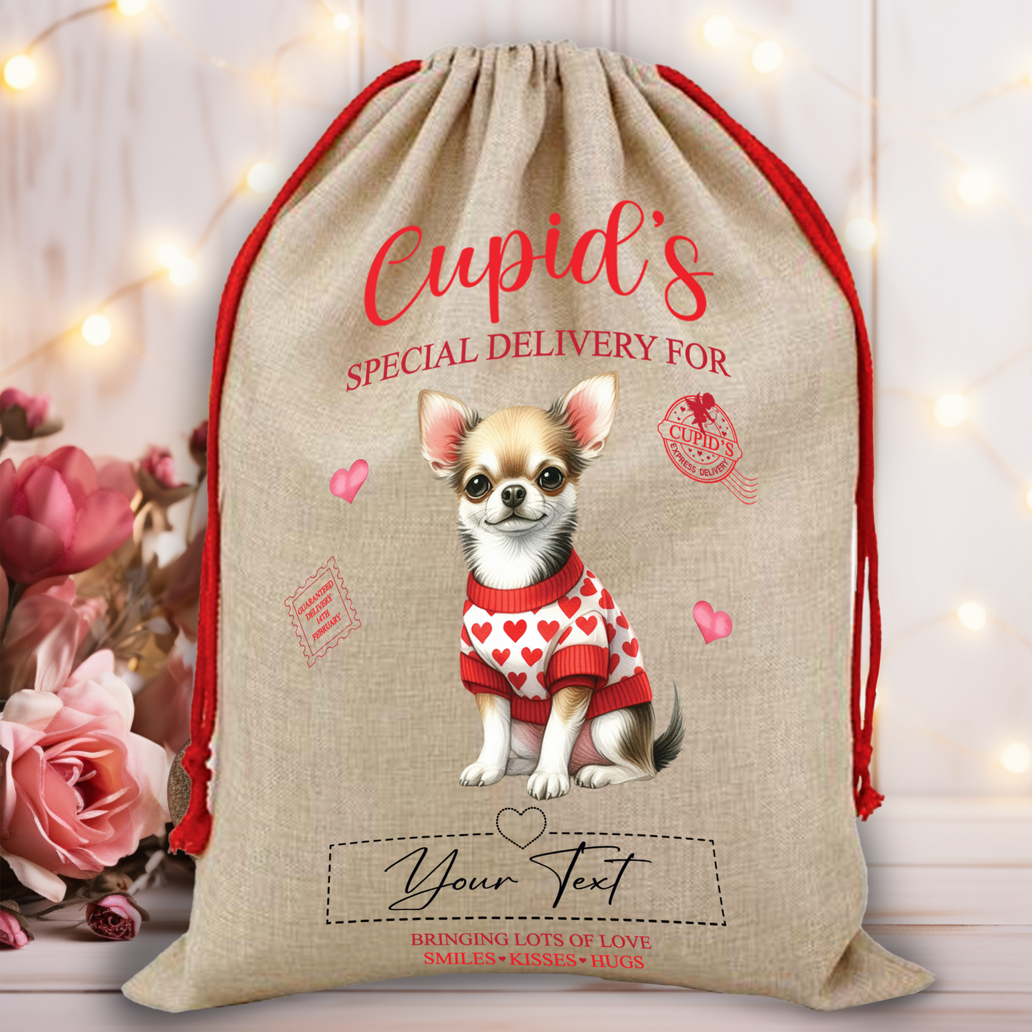 Personalised Dog Love Heart Valentine Anniversary Gift Sack - Chihuahua