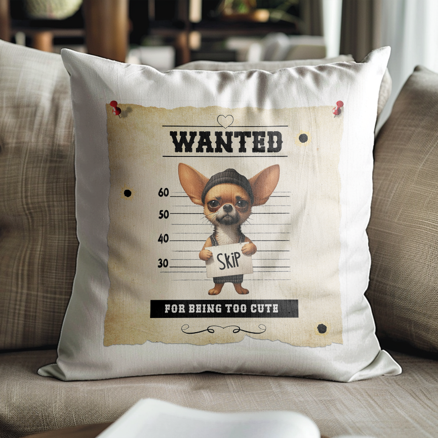 Personalised Dog WANTED Chihuahua in a line-up - Keepsake Gift Cushion, by Floppsie Moppsie – floppsiemoppsie at floppsiemoppsie.co.uk