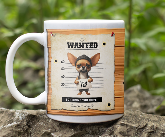 Personalised WANTED Pet Dog mug of a cute Chihuahua on a wanted poster - Keepsake Gift, by Floppsie Moppsie – floppsiemoppsie at floppsiemoppsie.co.uk