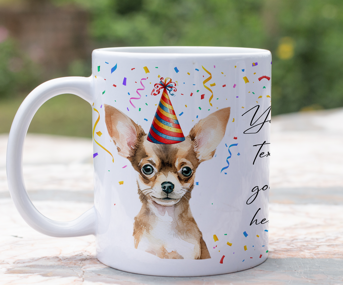 Personalised Dog Gift Mug - Chihuahua with Birthday Congratulations Party Hat