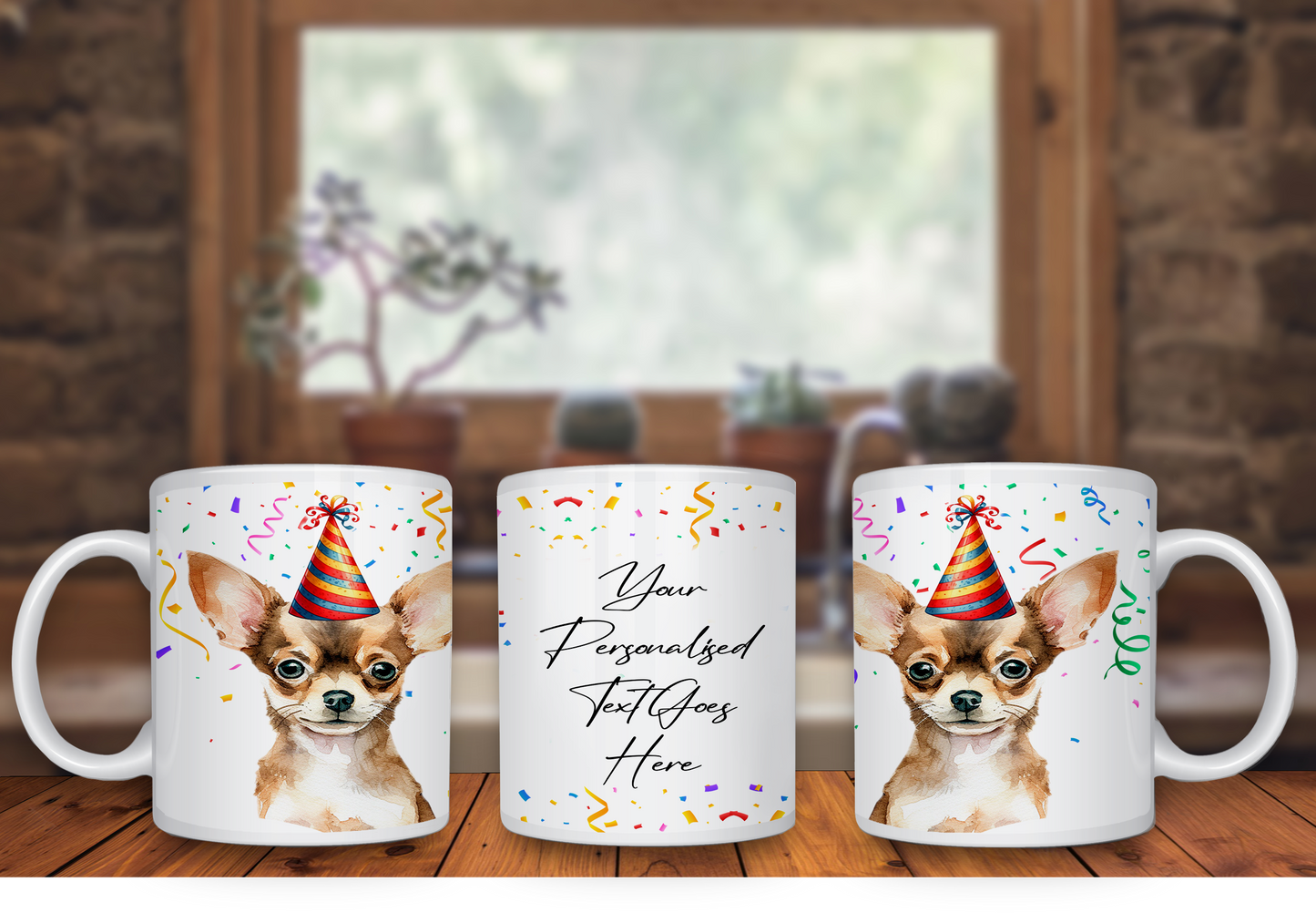 Personalised Dog Gift Mug - Chihuahua with Birthday Congratulations Party Hat