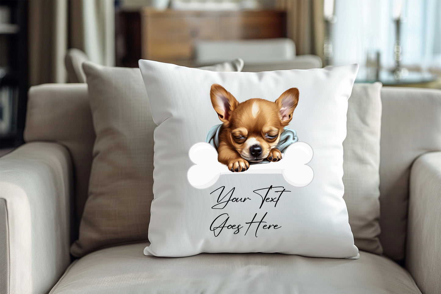 Personalised Chihuahua sleeping on a bone Pet Dog Keepsake Gift Cushion, by Floppsie Moppsie – floppsiemoppsie at floppsiemoppsie.co.uk