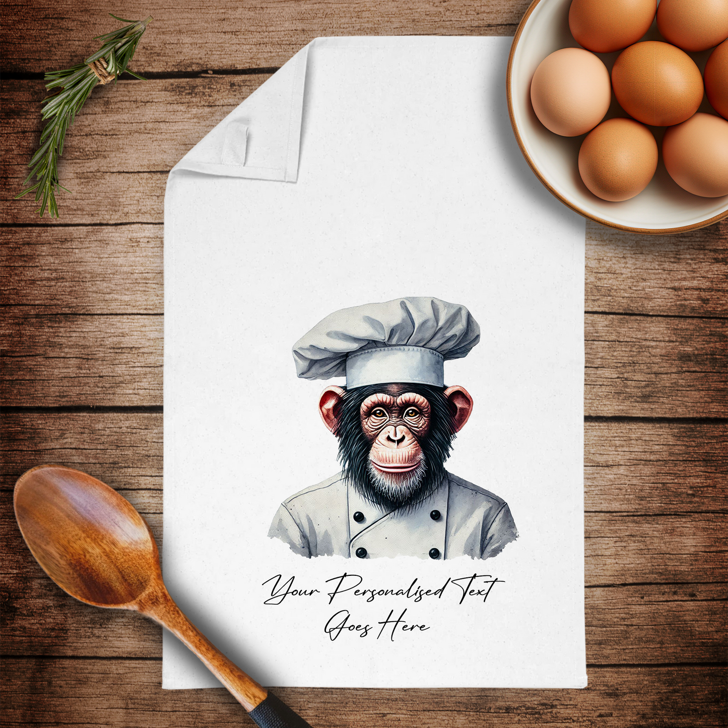 Personalised Watercolour Animal Chef Chimpanzee Tea Towel B