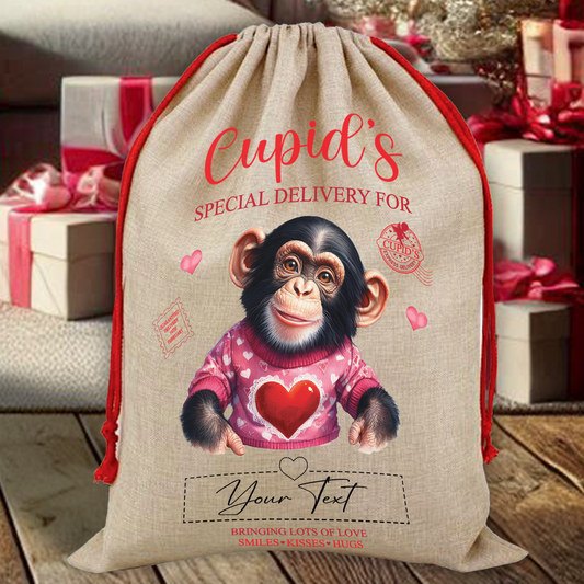 Personalised Animal Love Heart Valentine Anniversary Gift Sack - Chimpanzee