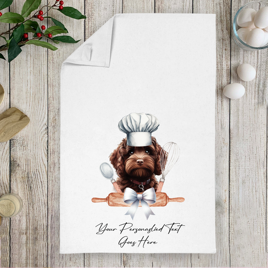 Personalised Dog In Chef Hat Gift Tea Towel - Chocolate Cockapoo