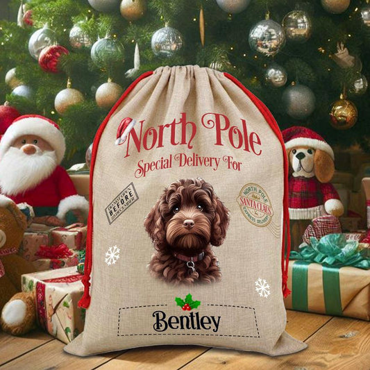 Personalised Dog Chocolate Cockapoo – North Pole Special Delivery Santa Sack Pet Gift, by Floppsie Moppsie – floppsiemoppsie at floppsiemoppsie.co.uk