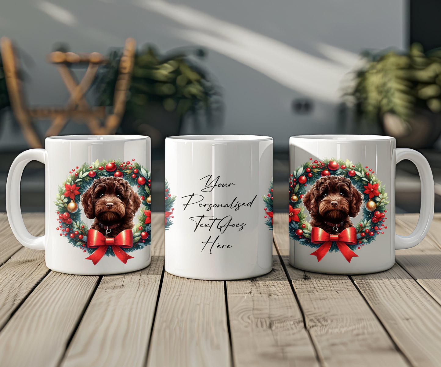 Personalised Chocolate Cockapoo Dog Christmas Wreath Gift Mug