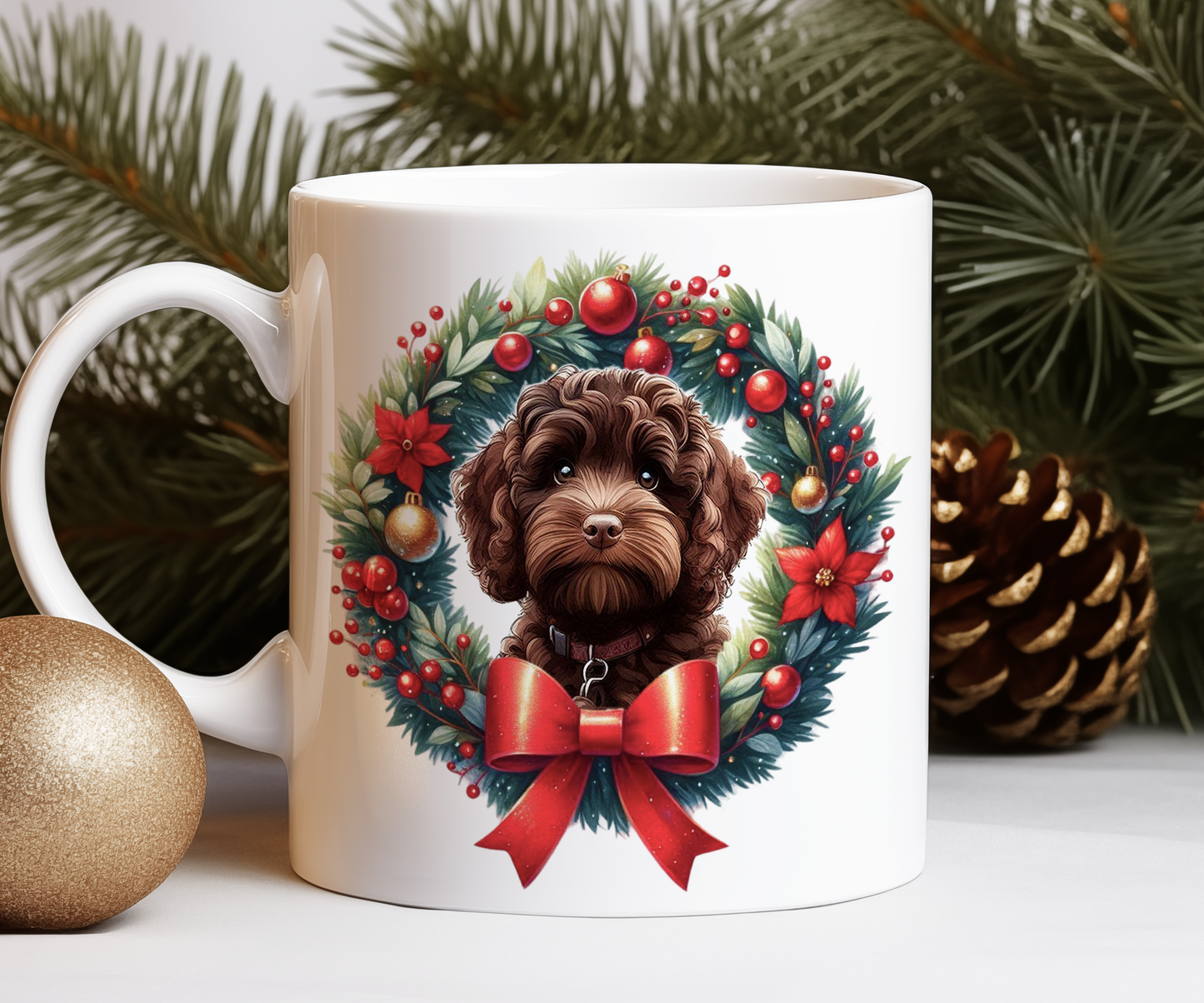 Personalised Chocolate Cockapoo Dog Christmas Wreath Gift Mug