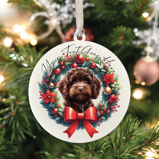 Personalised Chocolate Cockapoo Dog Christmas Wreath - Hanging Bauble Decoration