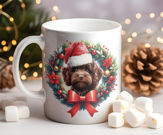 Personalised Chocolate Cockapoo Dog Christmas Wreath Gift Mug