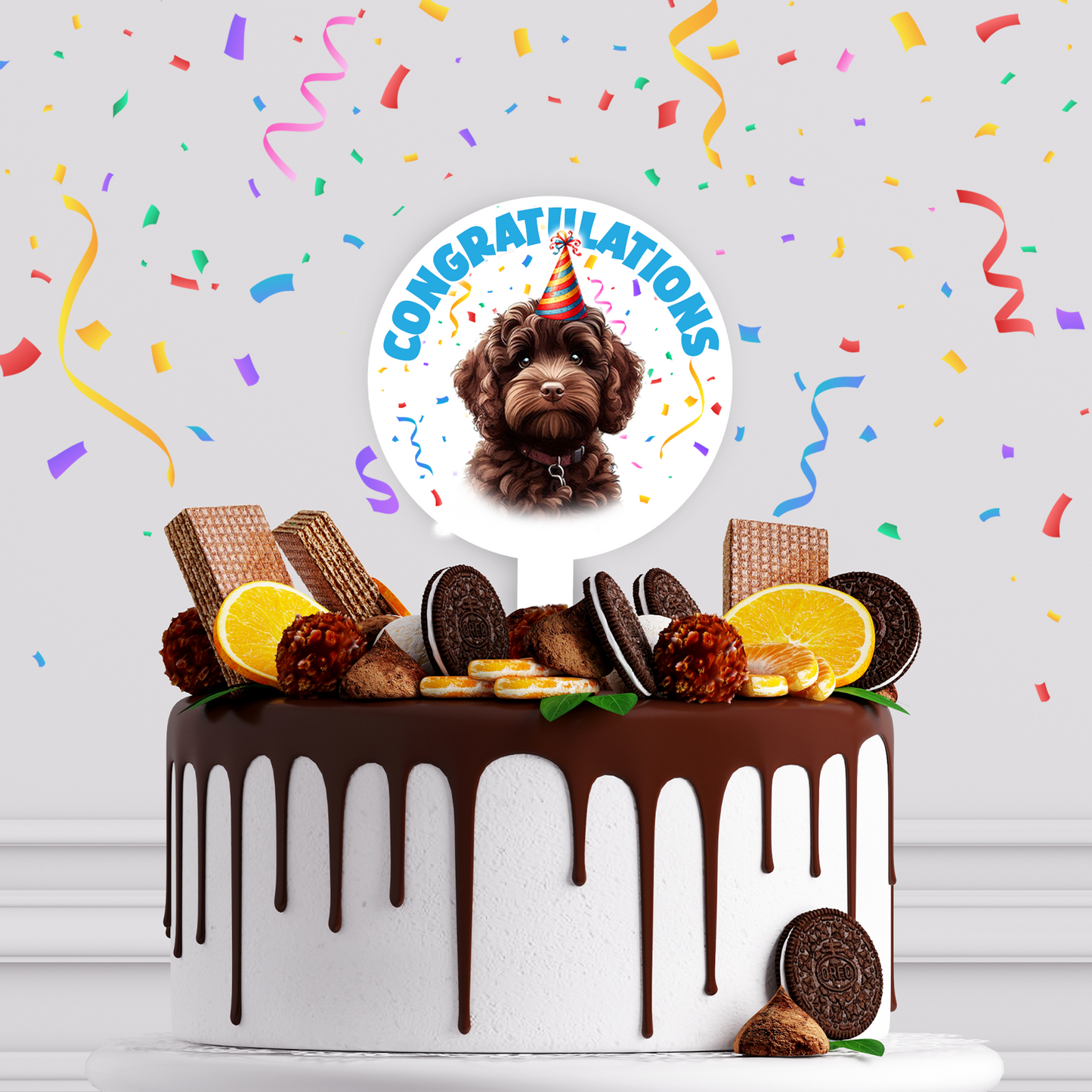 Personalised Dog Party Hat Cake Topper - Chocolate Cockapoo