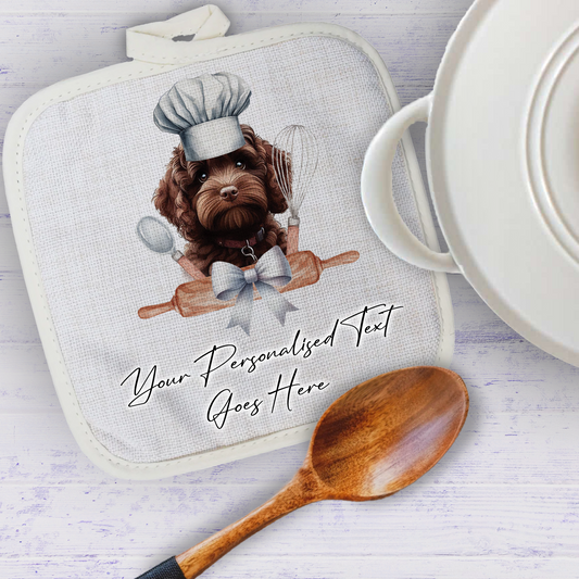 Personalised Dog In Chef Hat Gift Pot Holder / Grab - Chocolate Cockapoo