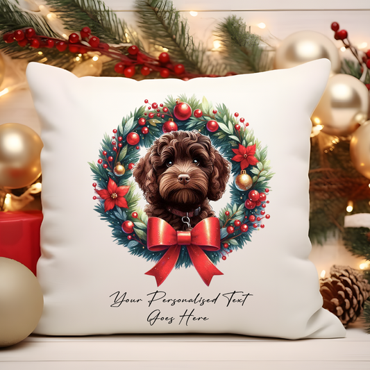 Personalised Chocolate Cockapoo in a Christmas wreath - Keepsake Gift cushion, by Floppsie Moppsie – floppsiemoppsie at floppsiemoppsie.co.uk