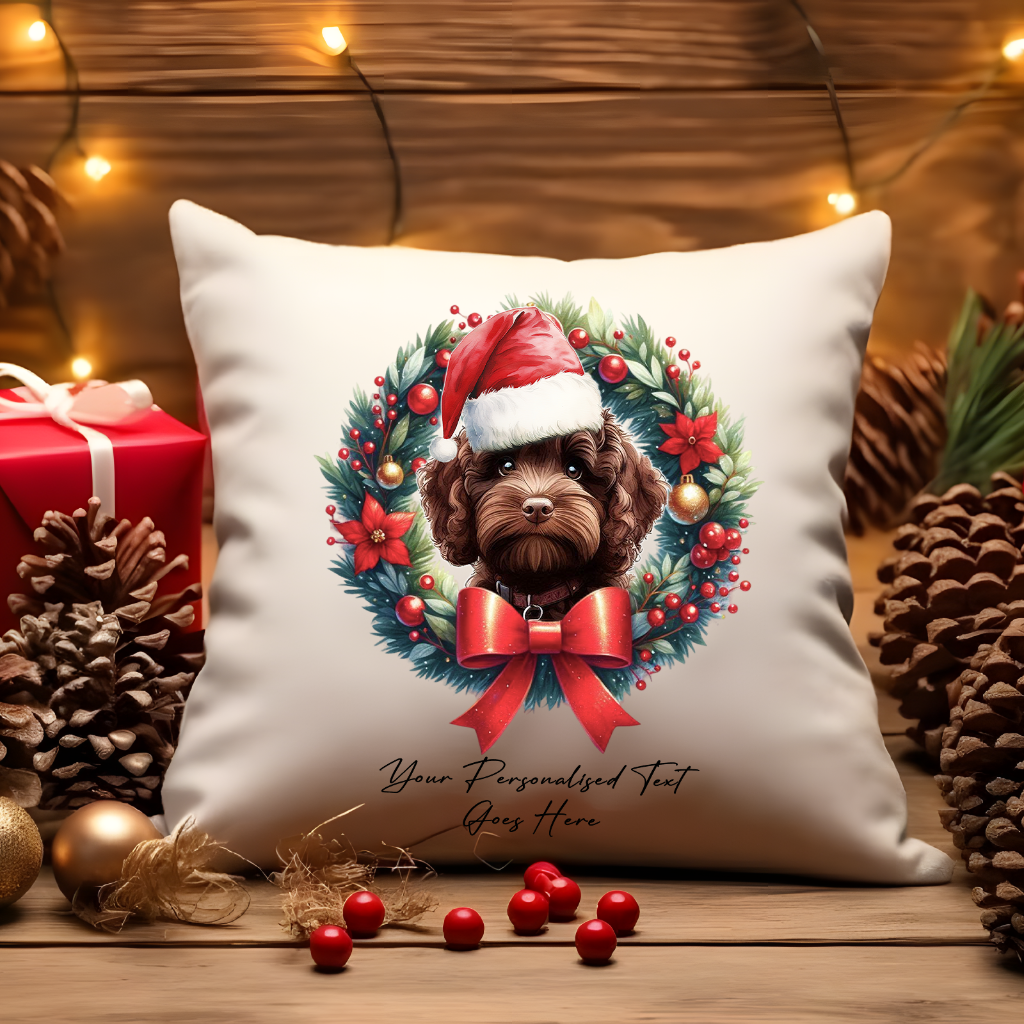 Personalised Chocolate Cockapoo with Santa Hat in a Christmas wreath - Keepsake Gift cushion, by Floppsie Moppsie – floppsiemoppsie at floppsiemoppsie.co.uk