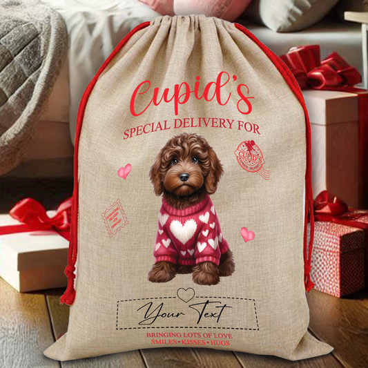 Personalised Dog Love Heart Valentine Anniversary Gift Sack - Chocolate Cockapoo