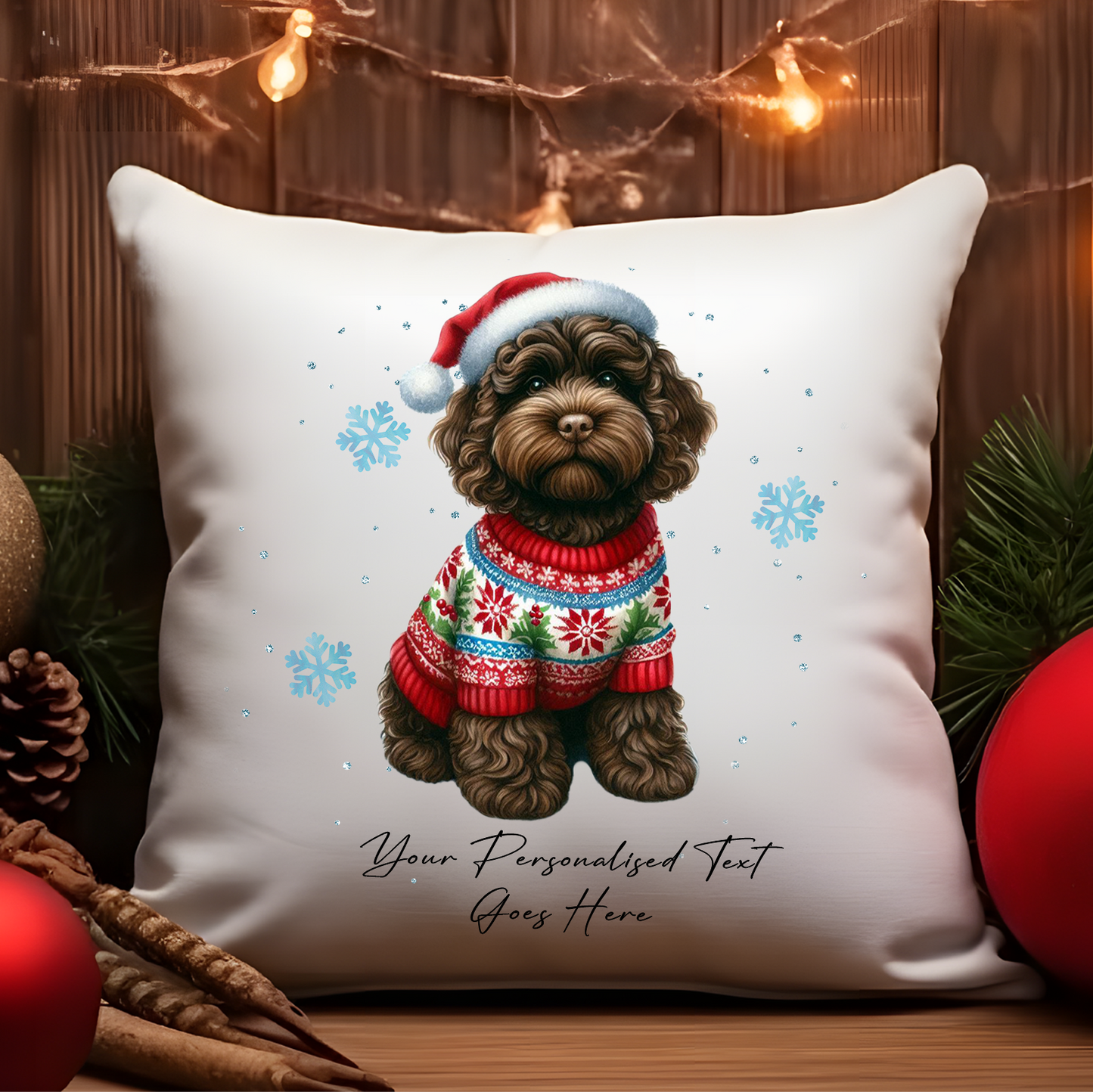 Personalised Chocolate Cockapoo Dog Christmas jumper Cushion Cover Gift