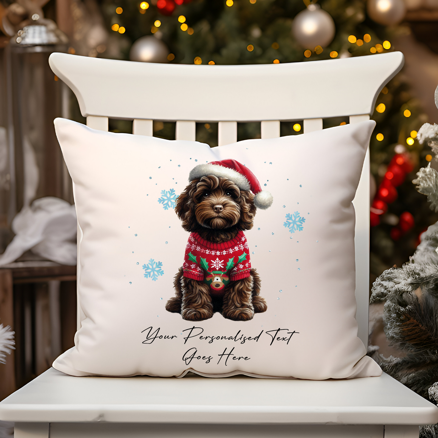 Personalised Chocolate Cockapoo Dog Christmas jumper Cushion Cover Gift - Style B